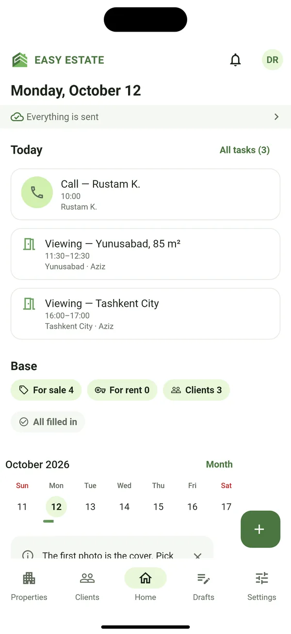 Agent home screen: today's tasks and the base