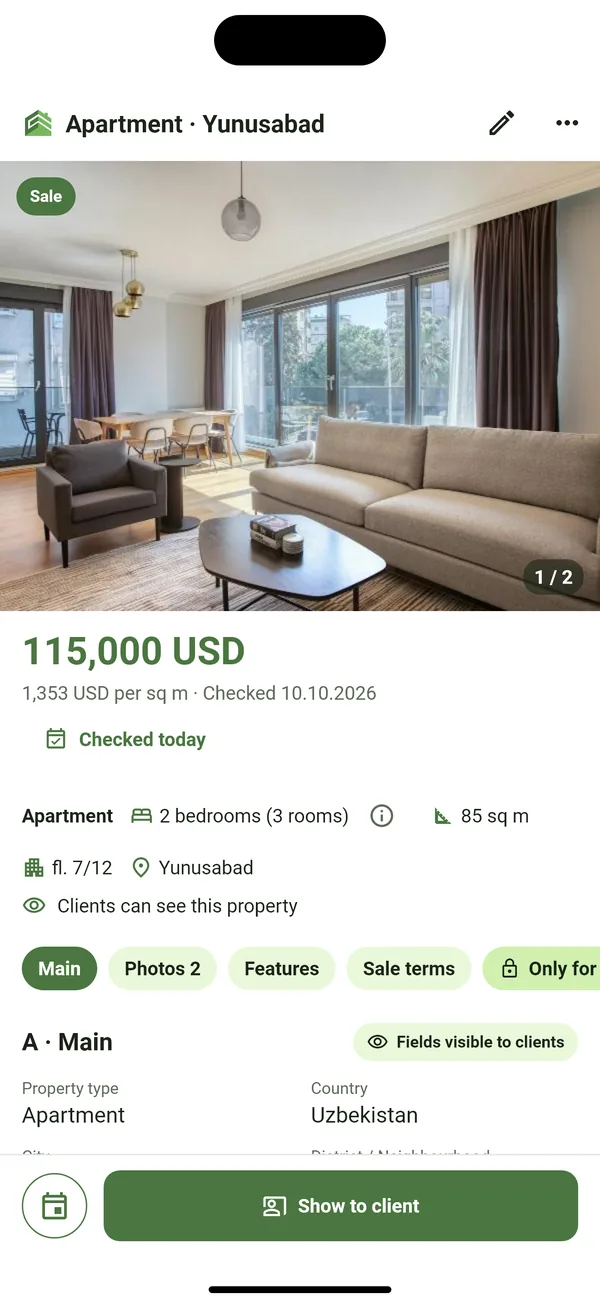 Property card with price and details